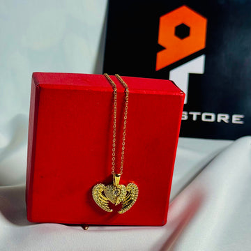 Custom Name Golden Angel Wings Heart Necklace