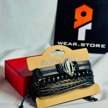 Superman Themed Black Leather Bracelet Set