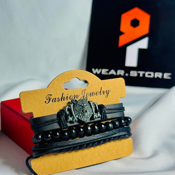 Wolf Emblem Black Leather Bracelet Set
