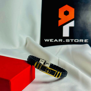 Black Leather Bracelet with Gold Peace Symbol