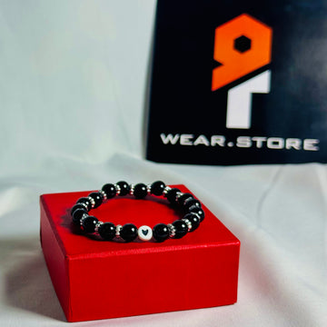 Black Beaded Bracelet with Silver Spacers & Heart Accent