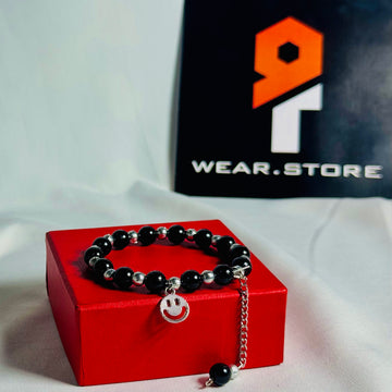 Black & Silver Beaded Bracelet with Smiley Charm