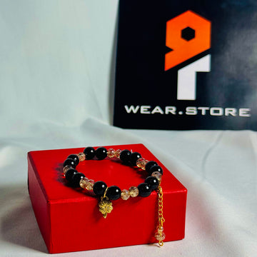 Black & Golden Crystal Beaded Bracelet with Leaf Charm