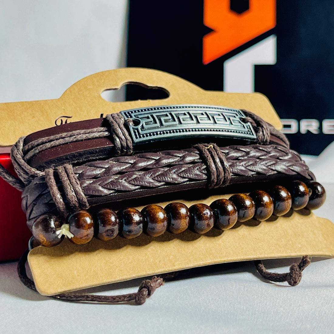 3-Piece Brown Leather & Bead Bracelet Set