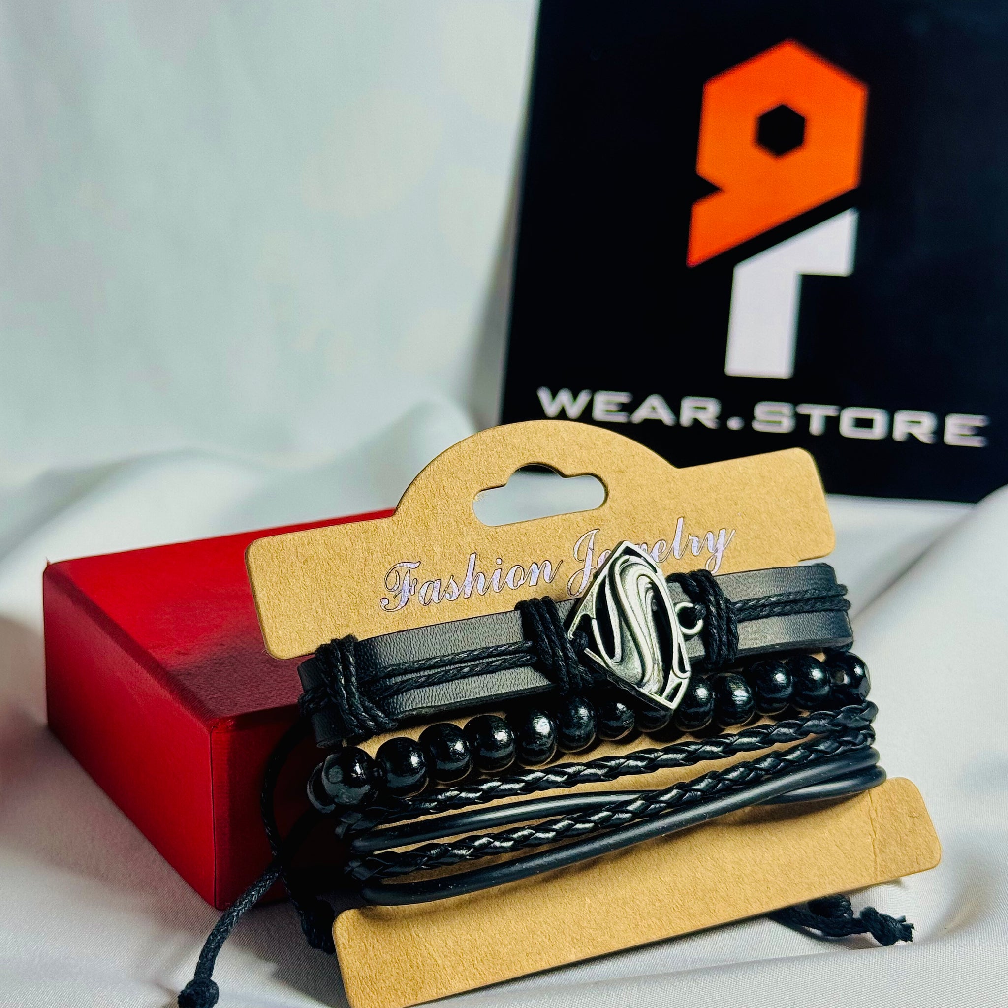 Superman Themed Black Leather Bracelet Set