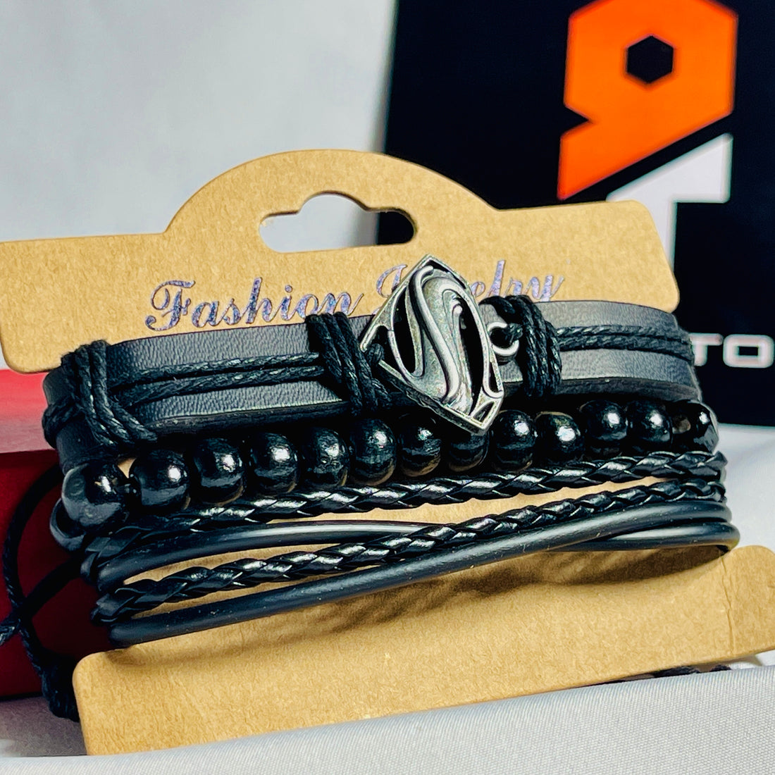 Superman Themed Black Leather Bracelet Set
