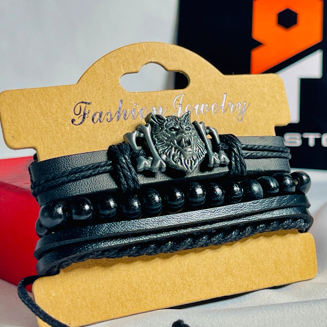 Wolf Emblem Black Leather Bracelet Set