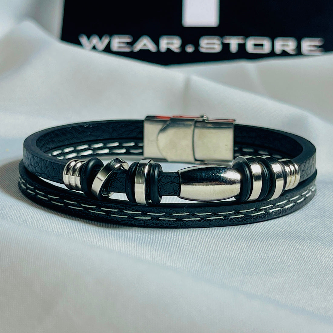 Black Leather Bullet Charm Bracelet