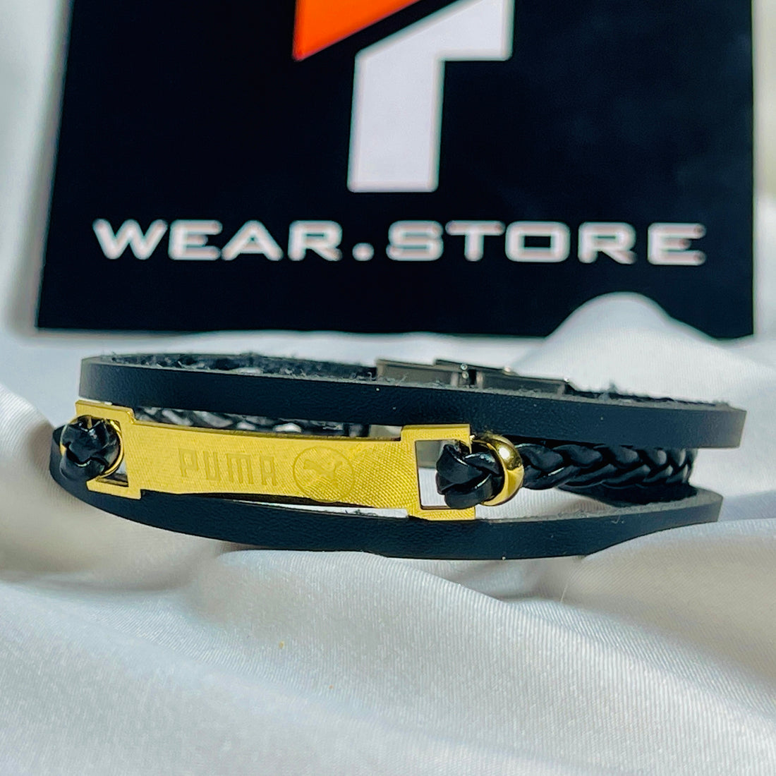Black Leather Bracelet with Gold Accent Plate