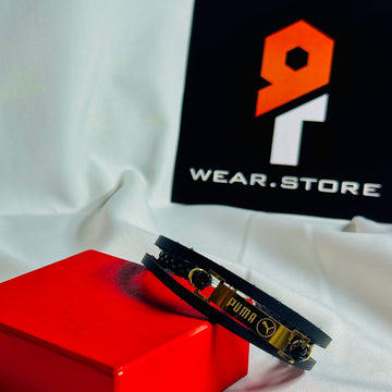 Black Leather Bracelet with Gold Accent Plate