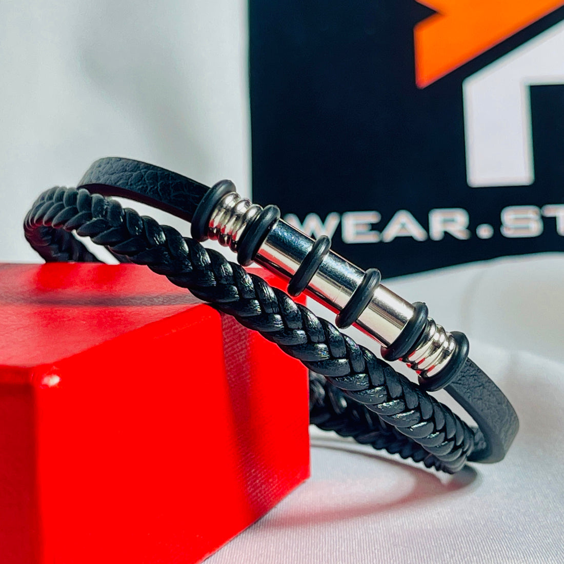 Black Leather Bracelet with Stainless Steel Barrel