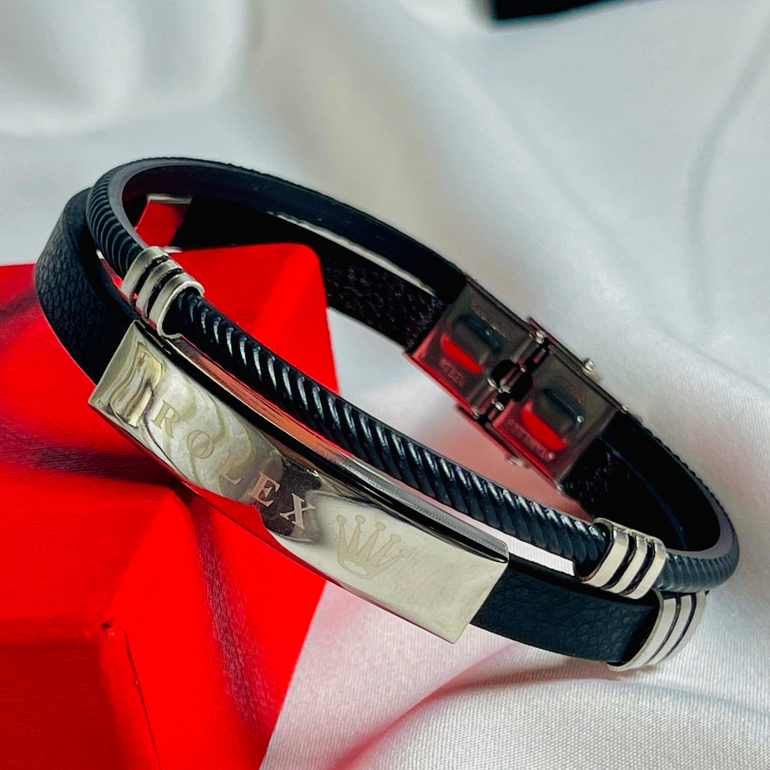 Black Leather Bracelet with Silver Engraved Rolex Plate