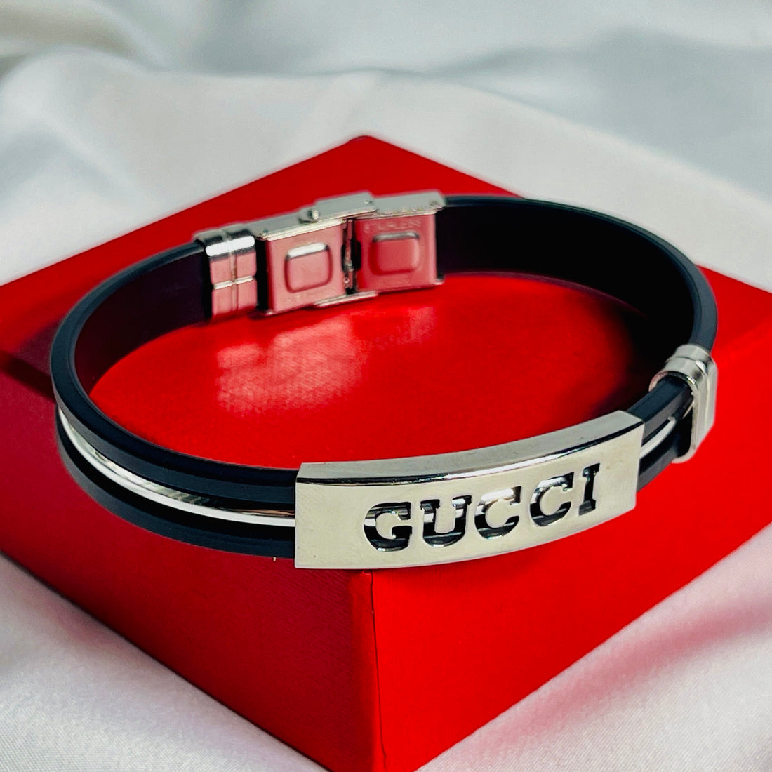 Black Leather Bracelet with Silver GUCCI Engraved Plate