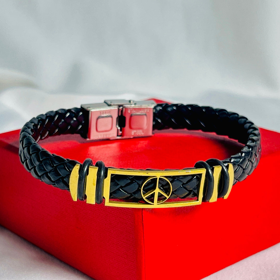 Black Leather Bracelet with Gold Peace Symbol