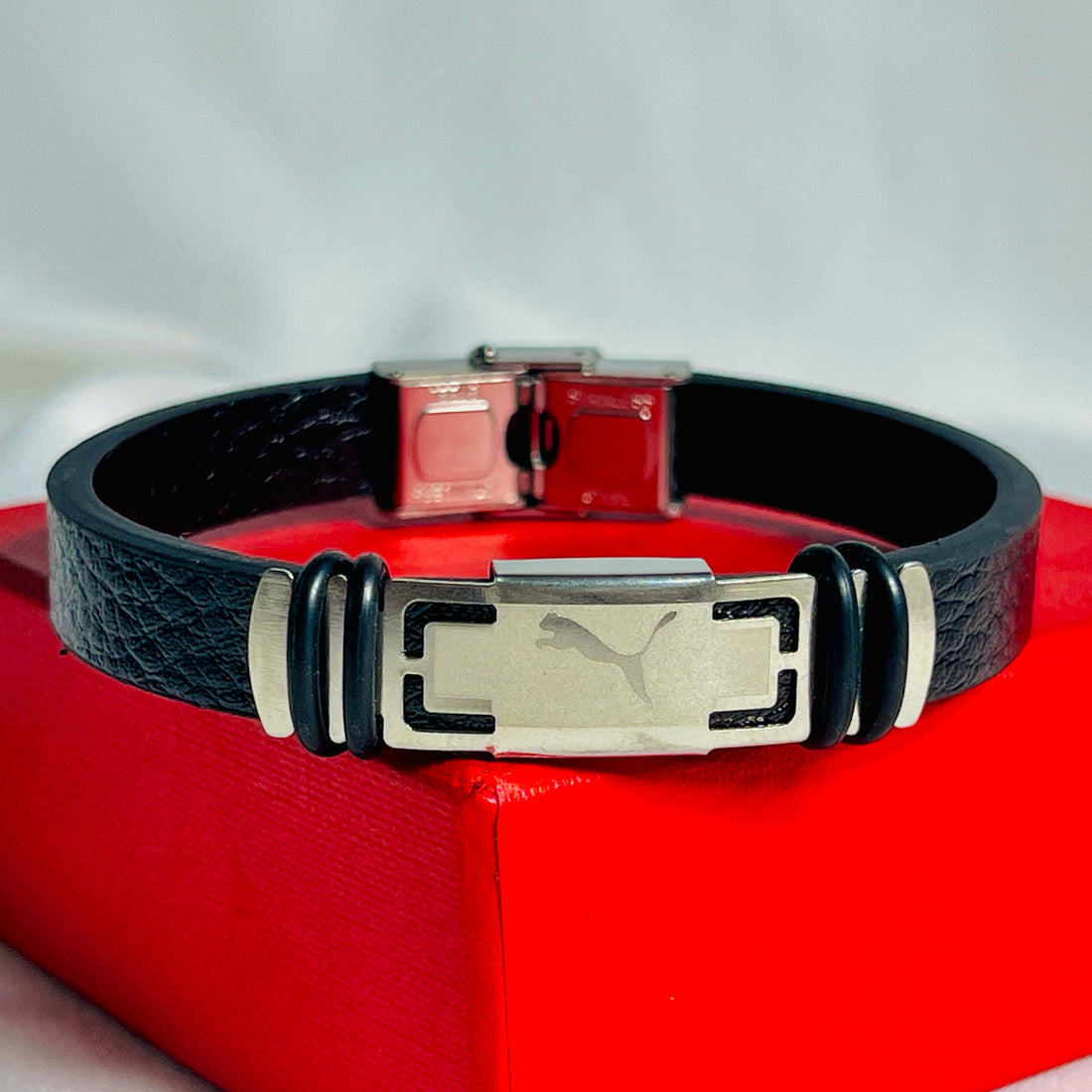 Black Leather Bracelet with PUMA Logo