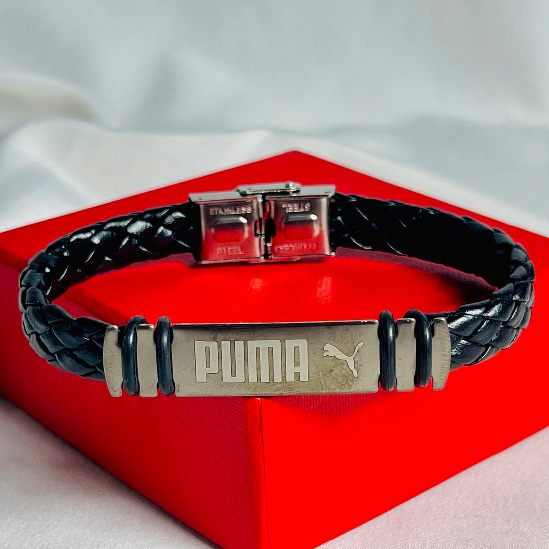 Black Braided Leather Bracelet with PUMA Logo