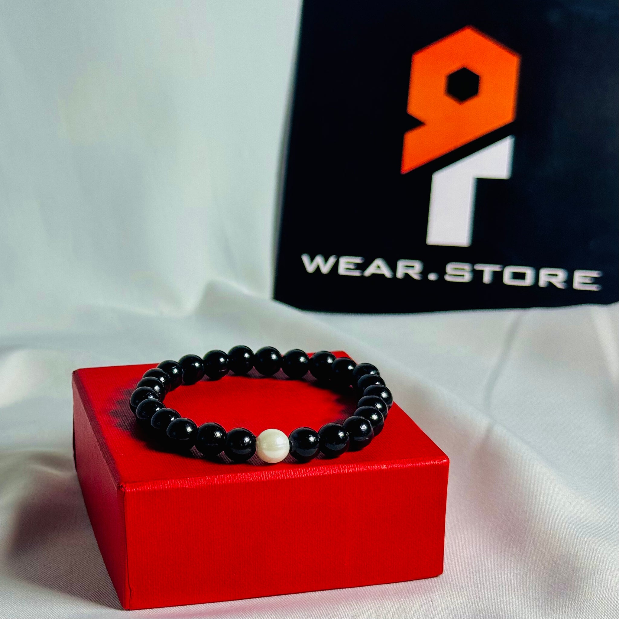 Black Bead Bracelet with White Accent