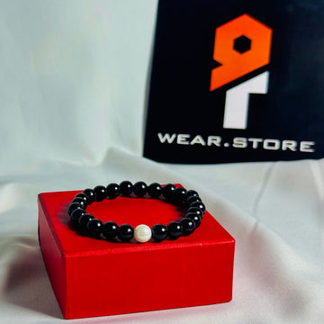 Black Bead Bracelet with White Accent