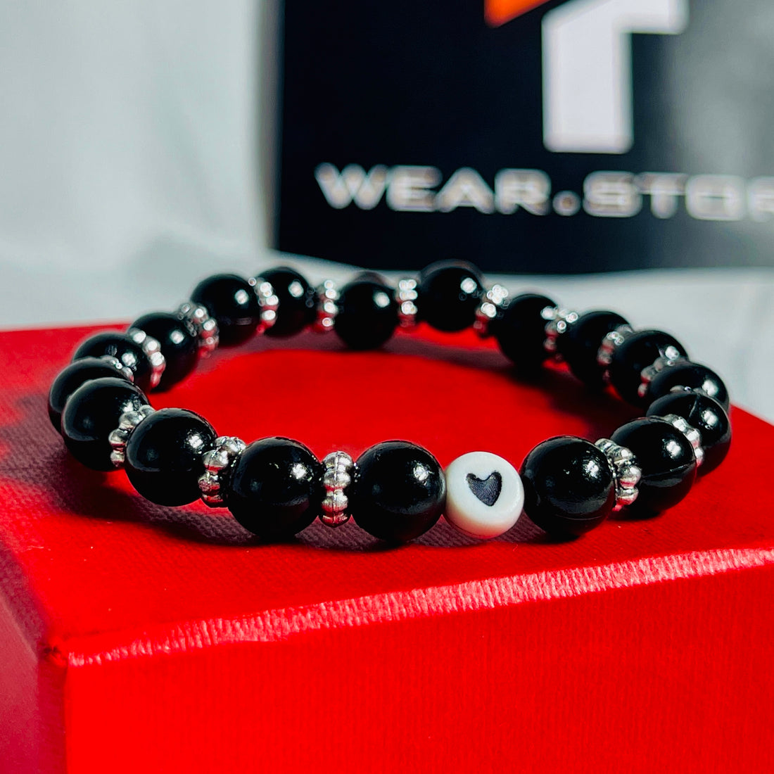 Black Beaded Bracelet with Silver Spacers & Heart Accent