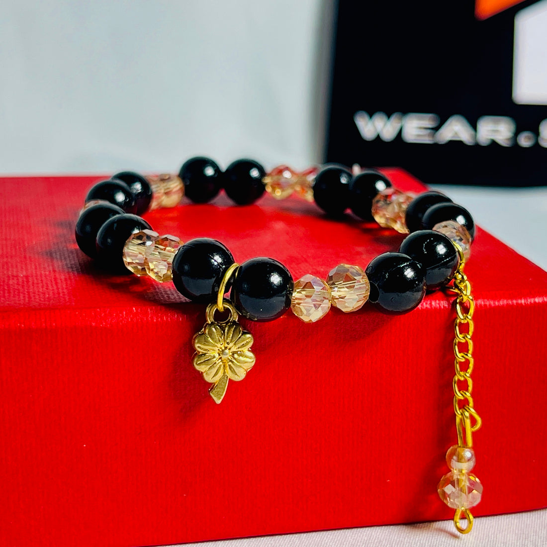 Black & Golden Crystal Beaded Bracelet with Leaf Charm