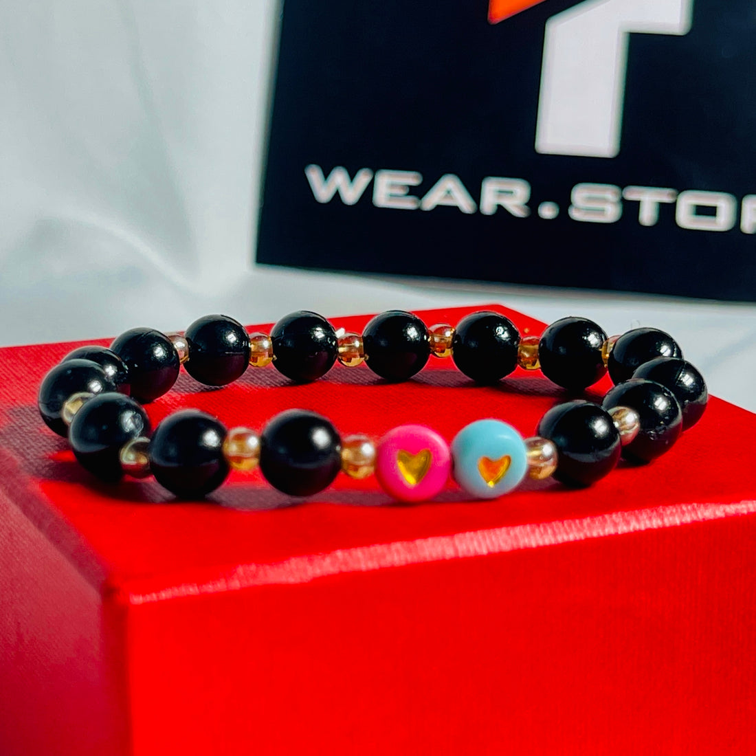 Black Beaded Bracelet with Dual Color Heart Beads