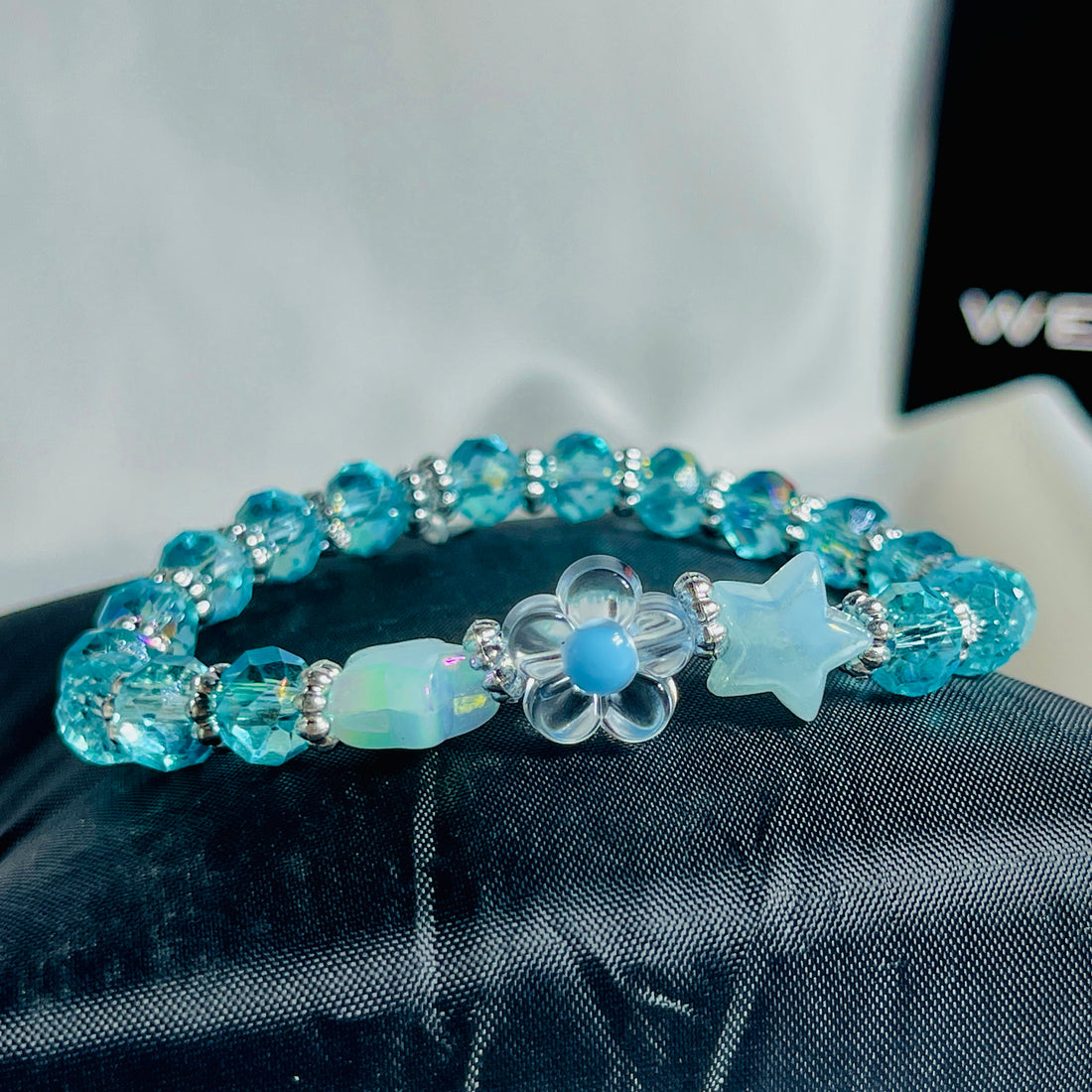 Aqua Crystal Bracelet with Opal Stars & Flower Charm