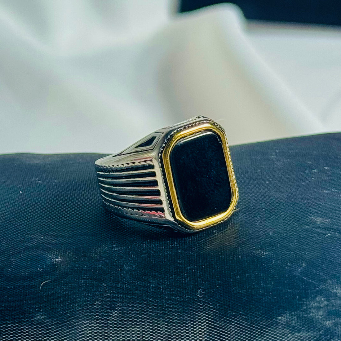 Black Stone & Golden Accent Imperial Edge Silver Ring