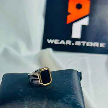 Black Stone & Golden Accent Imperial Edge Silver Ring