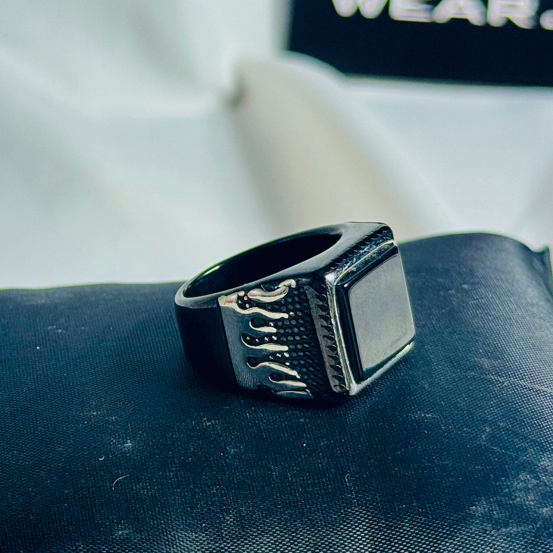 Black Stone Inferno Edge Black Ring With Flame Design